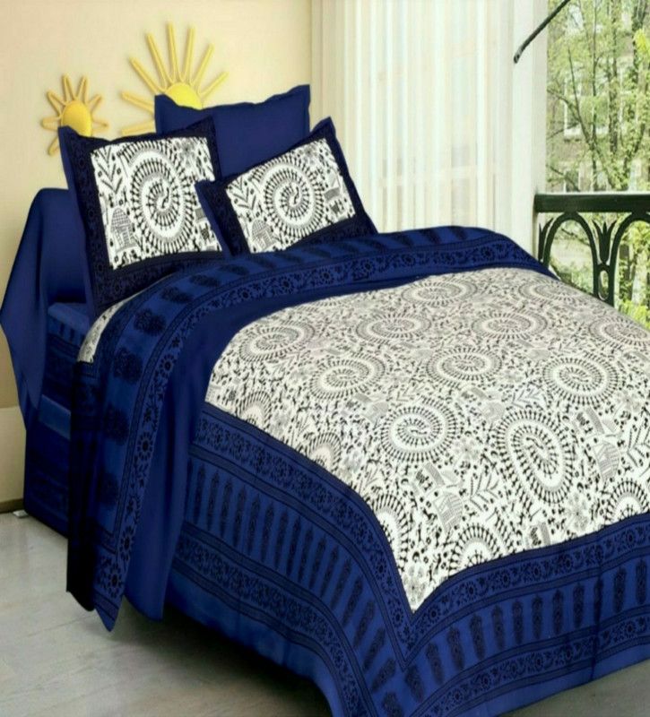 VIKANJALI FAB 104 TC Cotton Double Printed Flat Bedsheet  (Pack of 1, Dark Blue)