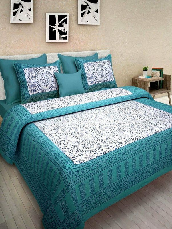 openkart shopping 170 TC Cotton Double Jaipuri Prints Flat Bedsheet  (Pack of 1, Firozi)
