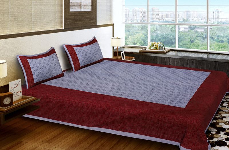 VIHANA LIFESTYL 144 TC Cotton King Printed Flat Bedsheet  (Pack of 1, maroon,sky)