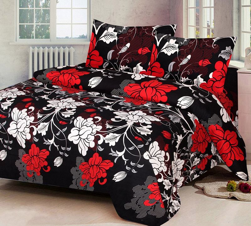 RS Enterprises 120 TC Microfiber Double 3D Printed Flat Bedsheet  (Pack of 1, Black)