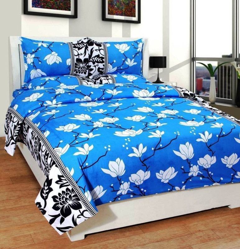 Indian GSM Handloom 144 TC Microfiber Double Floral Flat Bedsheet  (Pack of 1, Blue)