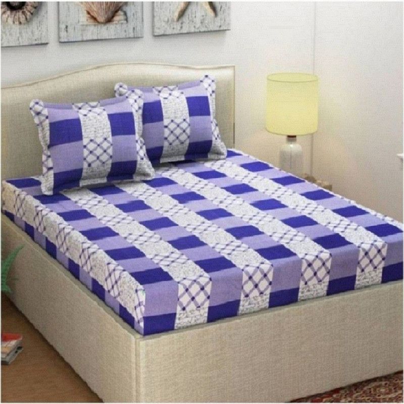 Panipat Textile Hub 140 TC Microfiber Double 3D Printed Fitted & Flat Bedsheet  (Pack of 1, Blue)