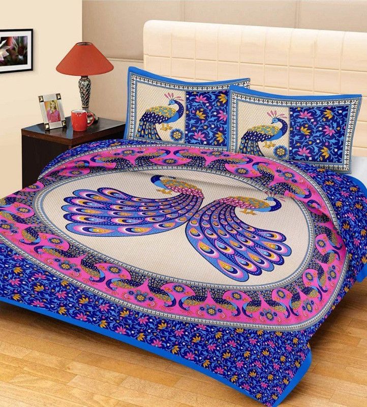RS COLLACTION 144 TC Cotton Double Jaipuri Prints Flat Bedsheet  (Pack of 1, Blue)