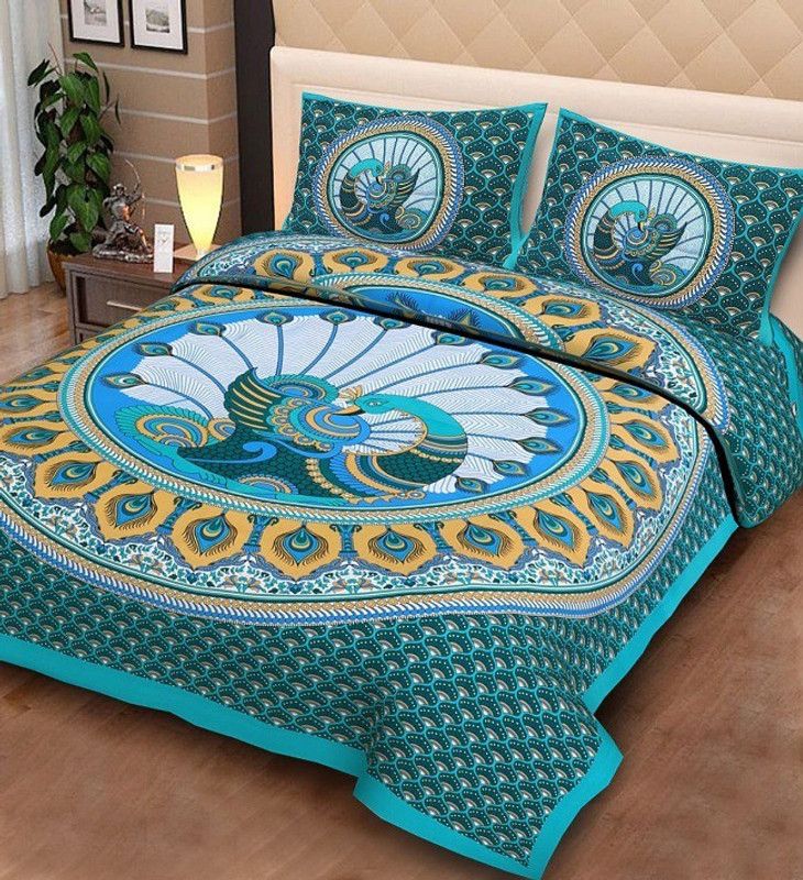 RS COLLACTION 144 TC Cotton Double Jaipuri Prints Flat Bedsheet  (Pack of 3, Blue)
