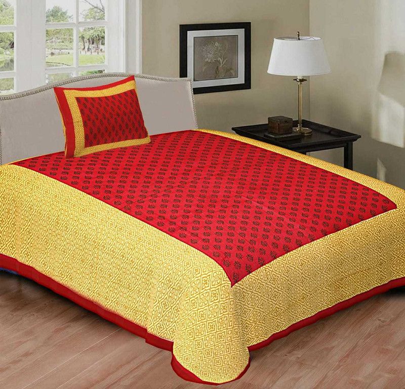 Raj Devi Jaipur 144 TC Cotton Single Printed Flat Bedsheet  (Pack of 1, Yellow, Red)