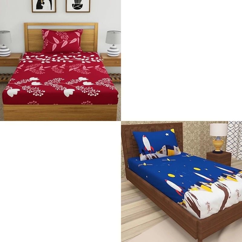 HSR Collection 144 TC Microfiber Single 3D Printed Flat Bedsheet  (Pack of 2, Multicolor)