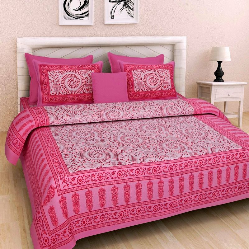 KRISTI COLLECTION 120 TC Cotton King Jaipuri Prints Flat Bedsheet  (Pack of 1, Pink)