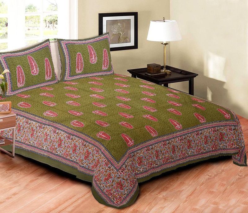 FABBON INDIA 280 TC Cotton King Jaipuri Prints Flat Bedsheet  (Pack of 1, Green)
