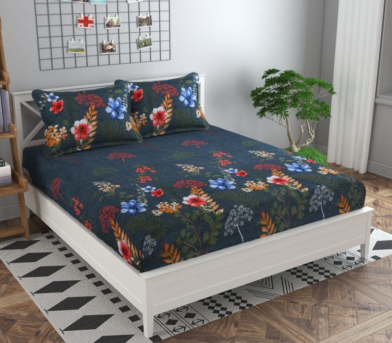 kavya ent 140 TC Polycotton Double Printed Fitted (Elastic) Bedsheet  (Pack of 1, Green)