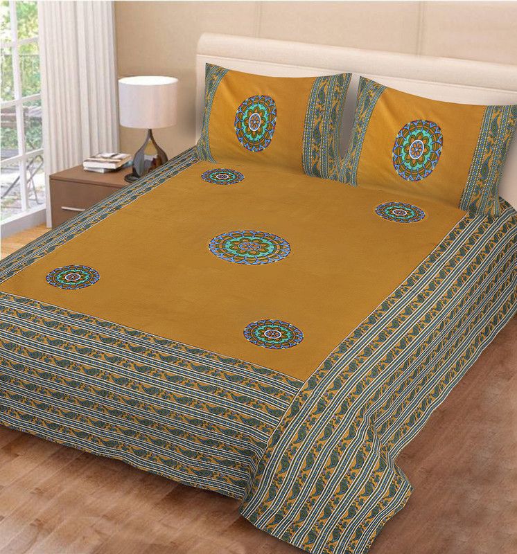 venusia 144 TC Cotton Double Embroidered Flat Bedsheet  (Pack of 1, MUSTURD)