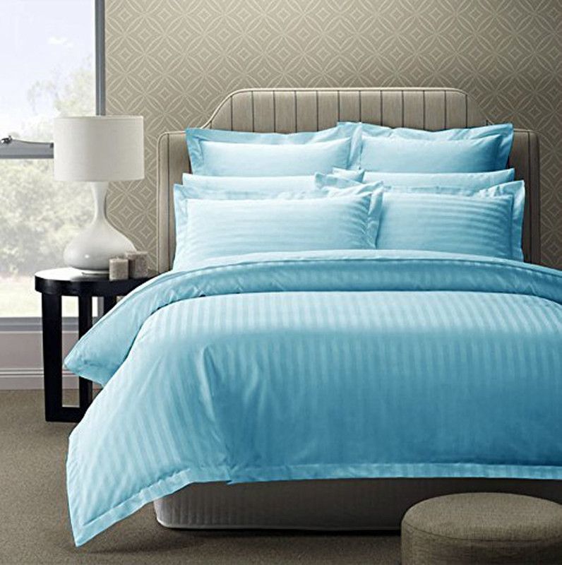 Skytex 210 TC Satin Double Striped Flat Bedsheet  (Pack of 1, Light Blue)