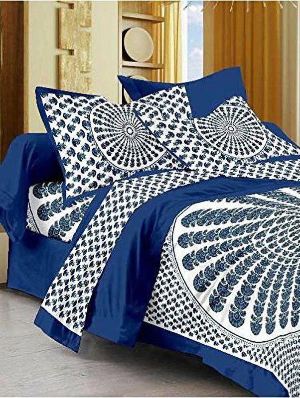 ADVIK CREATION 200 TC Cotton Double Printed Flat Bedsheet  (Pack of 1, Blue, Multicolor)