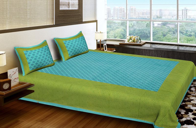 BRONOFAB 144 TC Cotton King Printed Flat Bedsheet  (Pack of 1, Blue, Green)