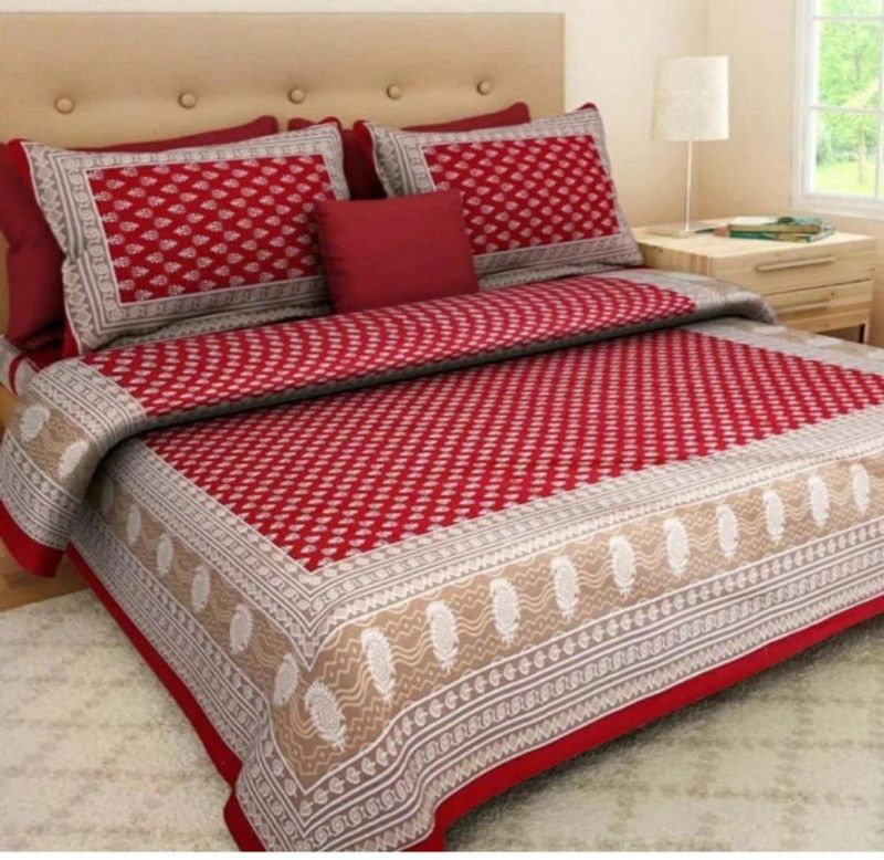 Priyanshi Fashion 144 TC Cotton Double Jaipuri Prints Flat Bedsheet  (Pack of 1, Red)