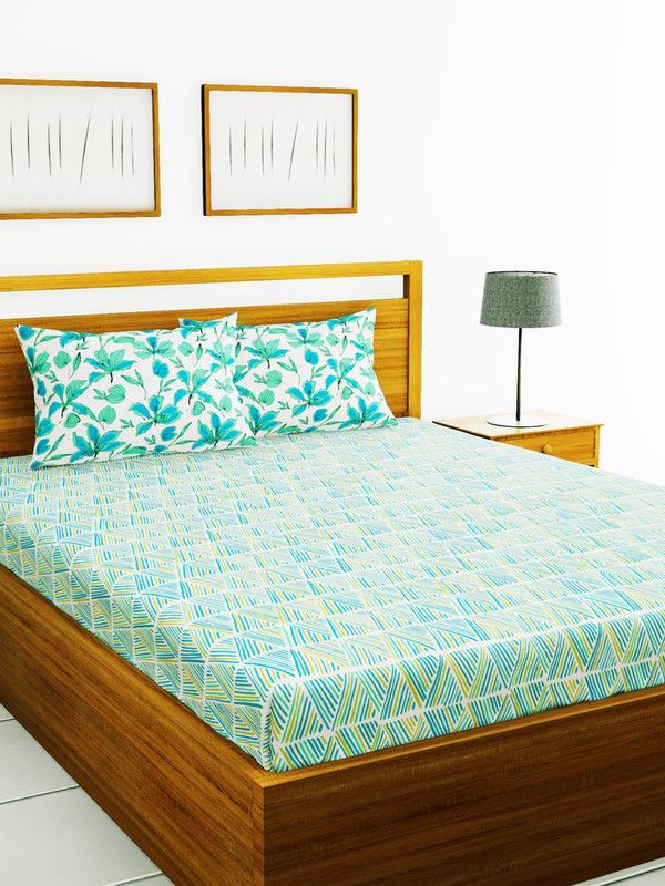 Bianca 144 TC Cotton Double Abstract Flat Bedsheet  (Pack of 1, BLUE/LIME)