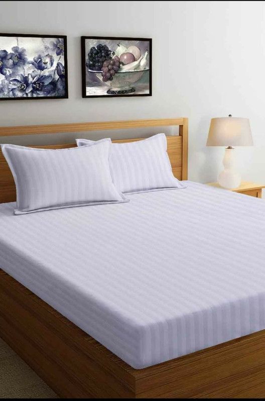 home legend 310 TC Microfiber King Striped Fitted (Elastic) Bedsheet  (Pack of 1, White)