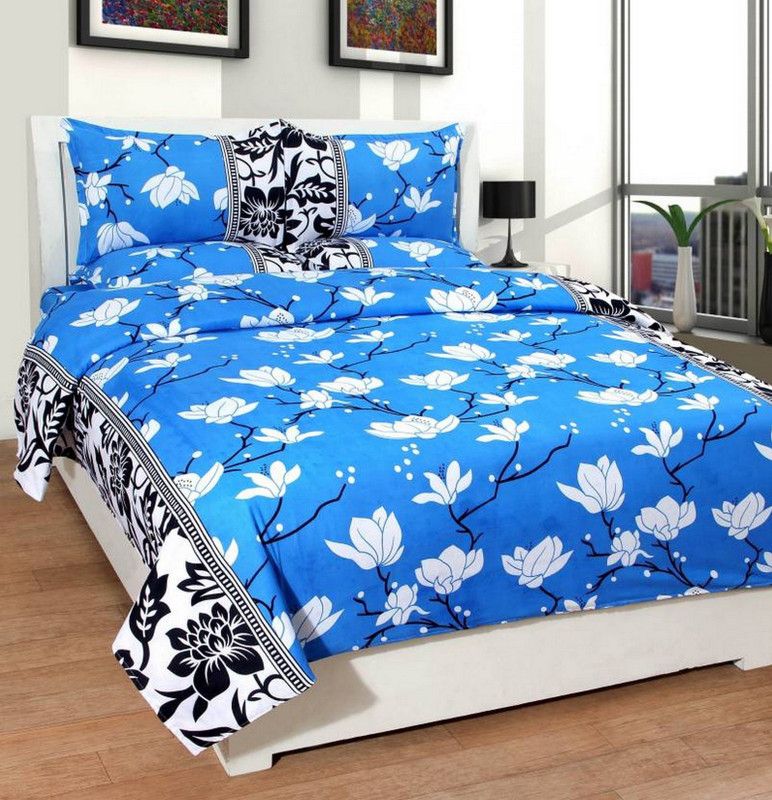 MJRS 144 TC Microfiber Double 3D Printed Flat Bedsheet  (Pack of 1, Blue)
