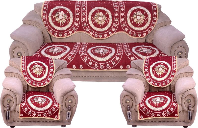 Krishna Creations Velvet Floral Sofa Cover  (maroon Pack of 6)