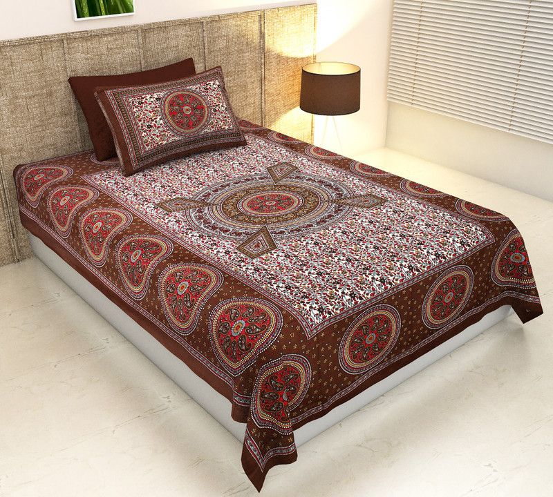 Papa ki Dukaan 104 TC Cotton Single Jaipuri Prints Flat Bedsheet  (Pack of 1, Brown)