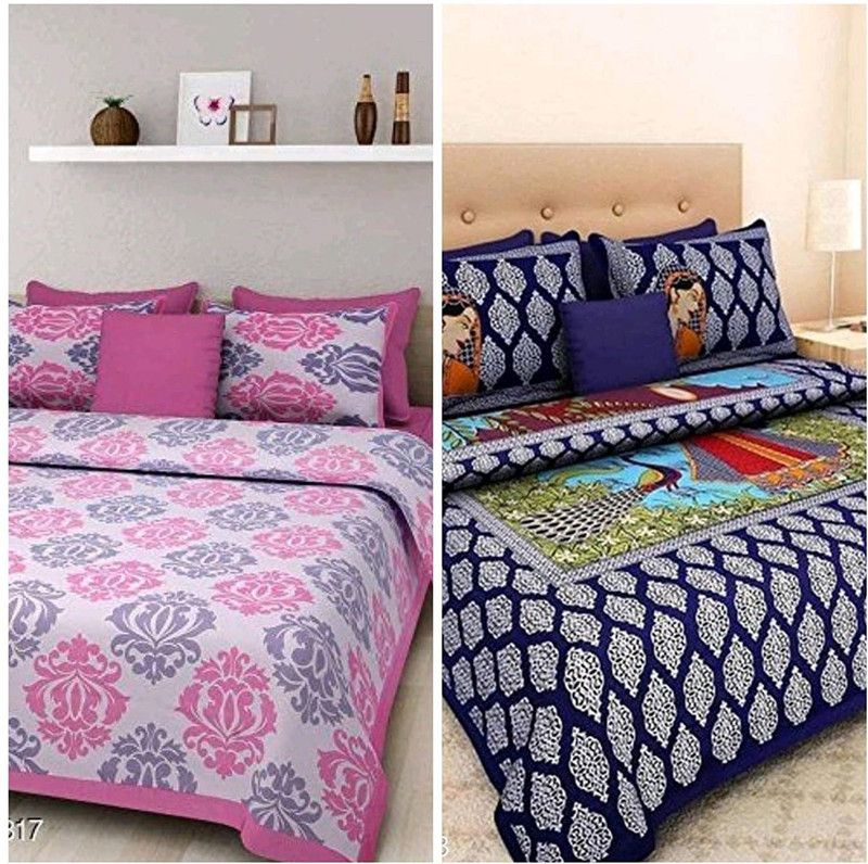 Abhi Impex 228 TC Cotton Double, Queen Animal Flat Bedsheet  (Pack of 2, Blue, Pink)