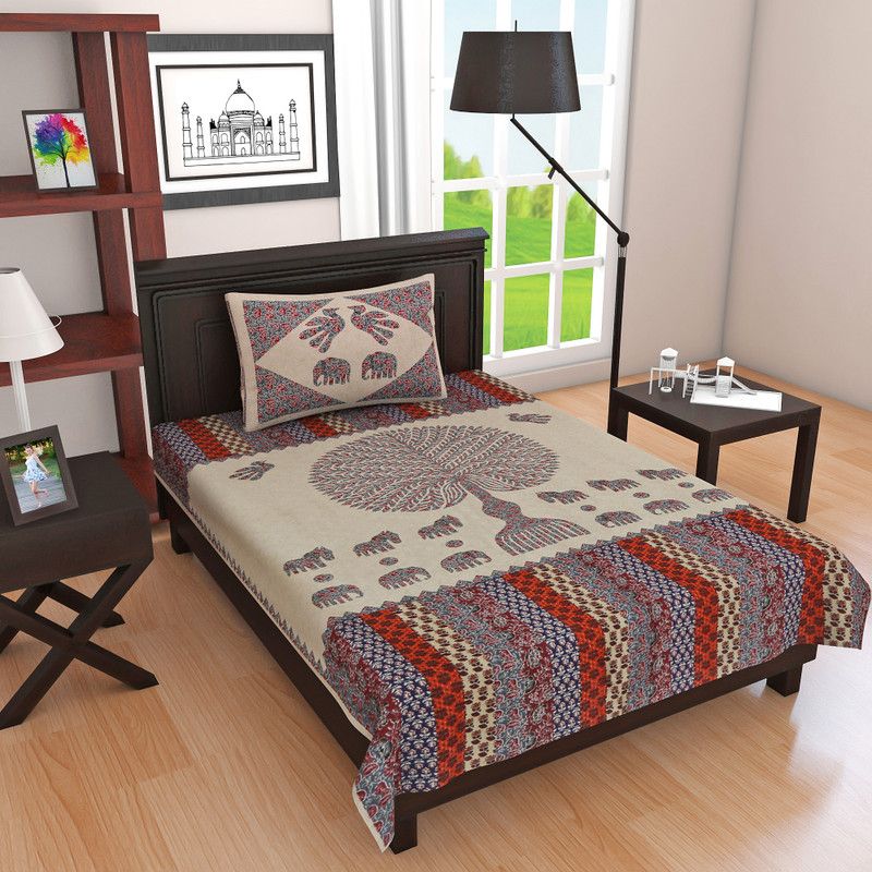 DEEPKART 150 TC Cotton Single Jaipuri Prints Flat Bedsheet  (Pack of 1, Grey)