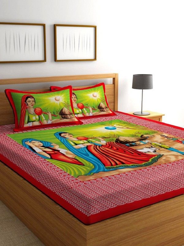 sleep-max décor 140 TC Cotton Double Jaipuri Prints Flat Bedsheet  (Pack of 1, Green)
