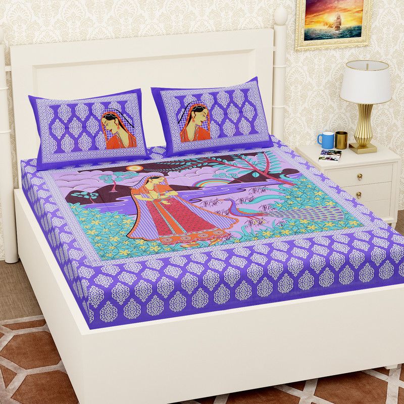 LUCKY FAB 144 TC Cotton Double Printed Flat Bedsheet  (Pack of 1, Blue)
