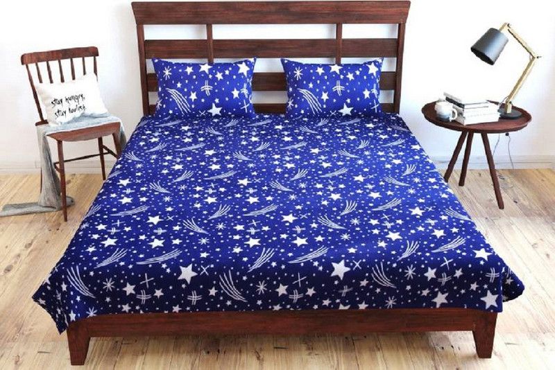 dhimanrdx fab 104 TC Cotton Double 3D Printed Flat Bedsheet  (Pack of 1, Blue)