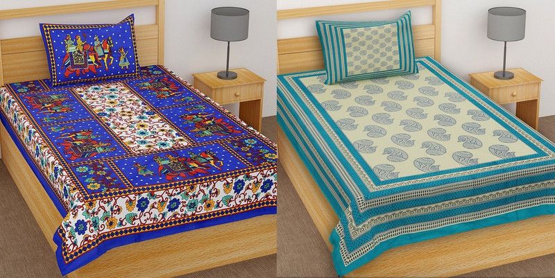 TANIKA - Belives in best quality 152 TC Cotton Single Jaipuri Prints Flat Bedsheet  (Pack of 2, Blue, Blue)