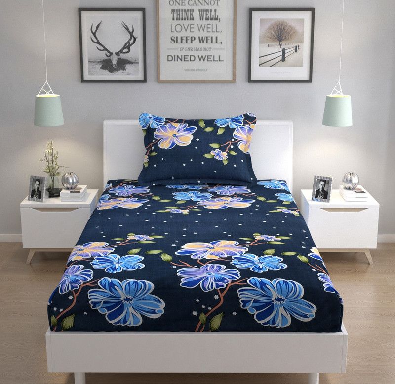 DA ARTISAN 240 TC Microfiber Single Printed Fitted (Elastic) Bedsheet  (Pack of 1, Blue)