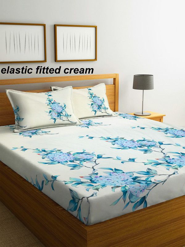 KURRY HOME FURNISHING 250 TC Microfiber Double Floral Fitted (Elastic) Bedsheet  (Pack of 1, Cream)