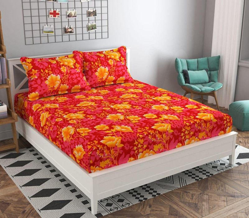 EVENODD 140 TC Microfiber Double Floral Flat Bedsheet  (Pack of 1, Orange)