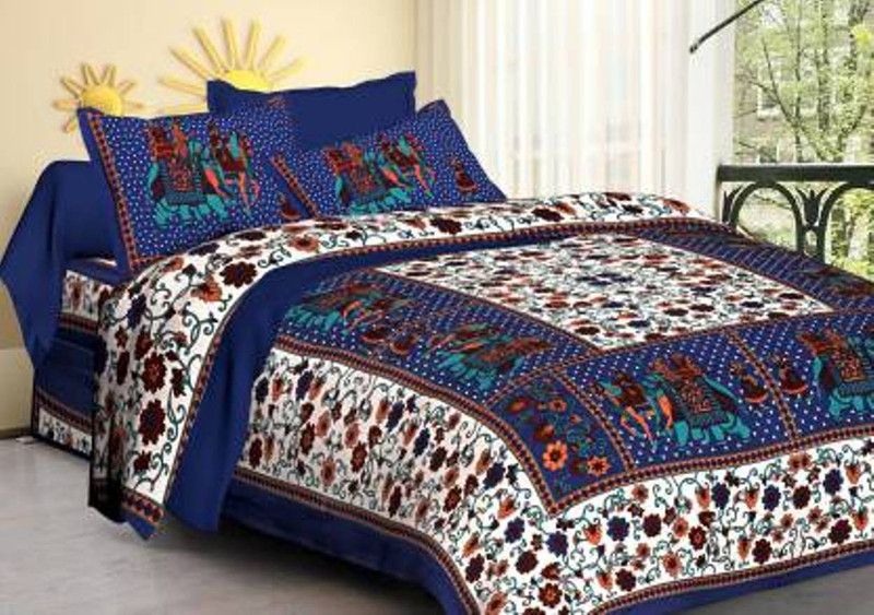 Mohita cotton prints 200 TC Cotton King Jaipuri Prints Flat Bedsheet  (Pack of 1, Blue)