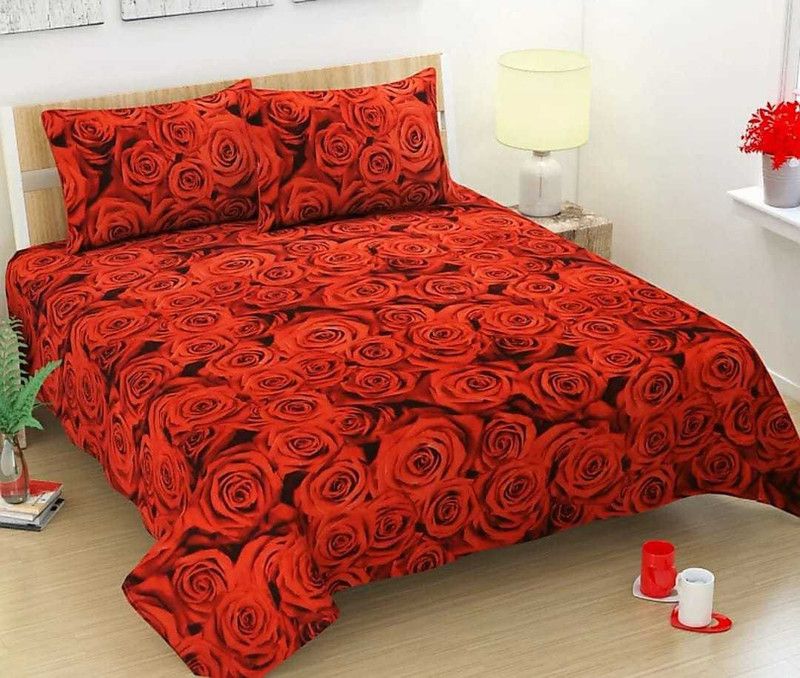 BALKO FAB 160 TC Microfiber Double Printed Flat Bedsheet  (Pack of 1, Red)
