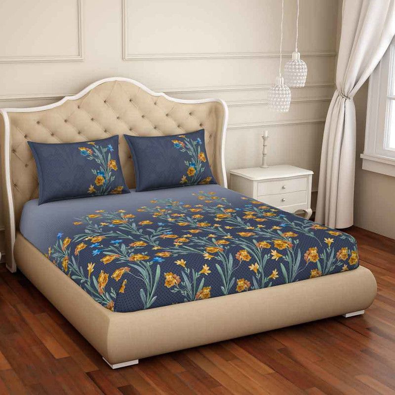 SPACES 210 TC Cotton King Floral Flat Bedsheet  (Pack of 1, Dark Blue)
