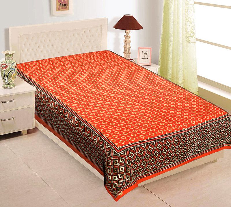 Texstylers 144 TC Cotton Single Jaipuri Prints Flat Bedsheet  (Pack of 1, Orange)