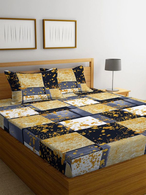 Parneet 220 TC Cotton Double Floral Fitted (Elastic) Bedsheet  (Pack of 1, Gold&Black)