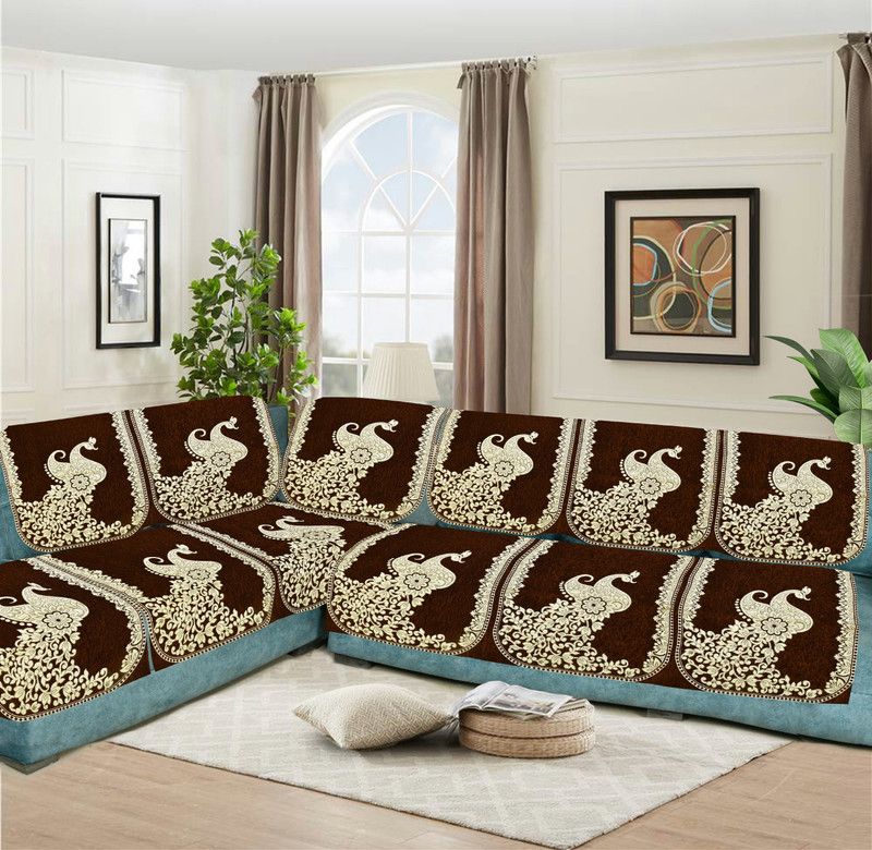 SAWNA HOMES Chenille, Velvet Embroidered Sofa Cover  (COFFEE Pack of 6)