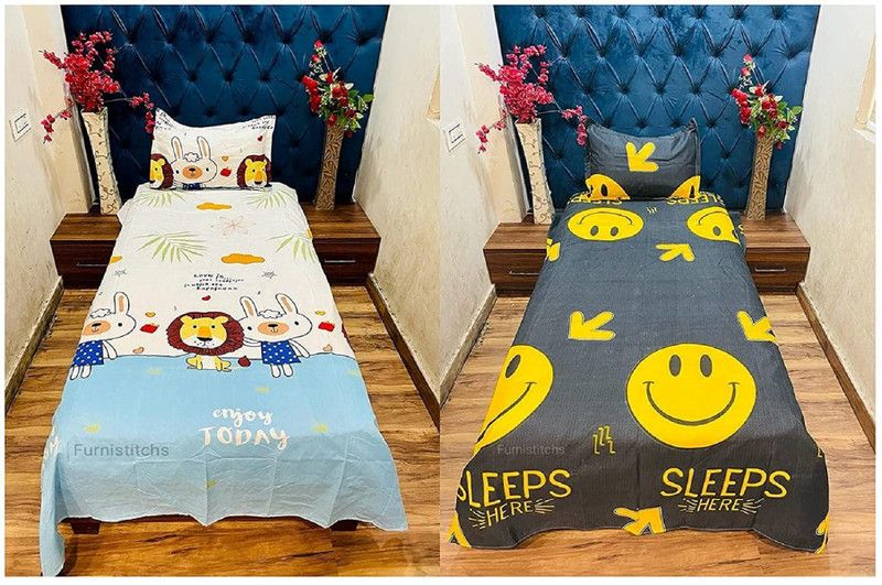 SINGHS VILLAS DECOR 254 TC Cotton Single Printed Flat Bedsheet  (Pack of 2, Black, White)