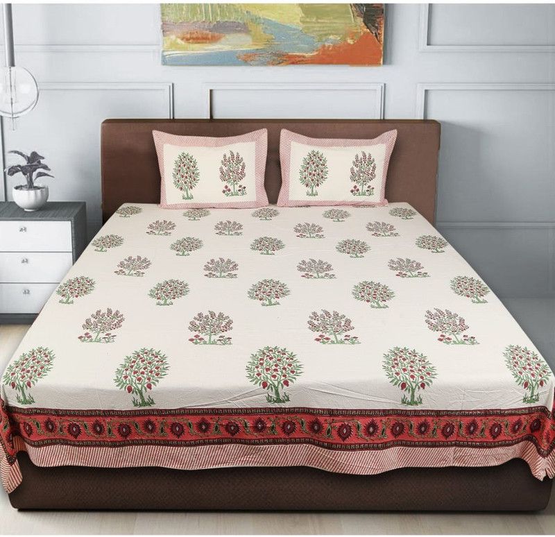 LITTLE INDIA 120 TC Cotton Double Floral Flat Bedsheet  (Pack of 1, Red)