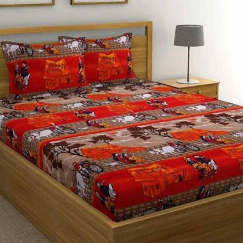 TRENDY HEART 144 TC Polycotton Queen Floral Flat Bedsheet  (Pack of 1, Red)