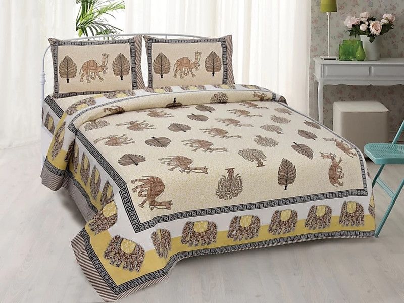 Saniya Enterprises 144 TC Cotton Double Jaipuri Prints Flat Bedsheet  (Pack of 1, Brown)