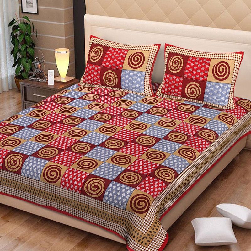 BusyLife 290 TC Cotton Double Printed Flat Bedsheet  (Pack of 1, Red)