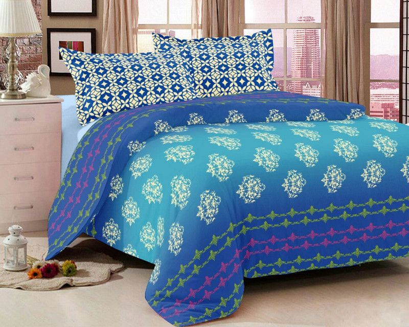 GIFTY 200 TC Cotton Queen Floral Flat Bedsheet  (Pack of 1, Blue)