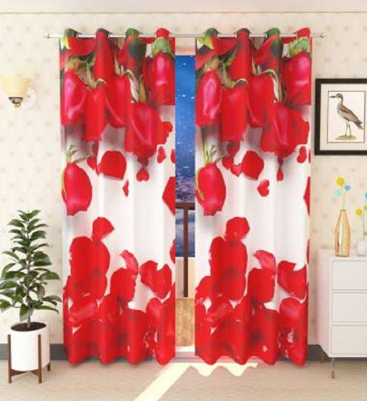 CSC CREATIONS 152 cm (5 ft) Polyester Room Darkening Window Curtain (Pack Of 2)  (Printed, Red)