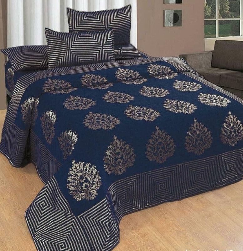 Sukhdev 160 TC Velvet King Motifs Flat Bedsheet  (Pack of 1, Blue)