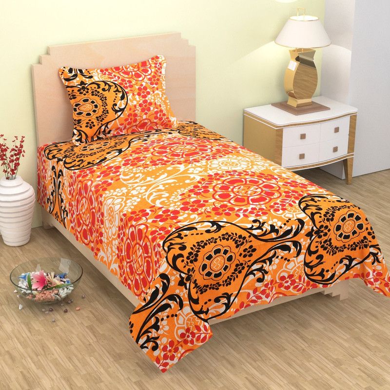 DINNY 144 TC Polycotton Single Printed Flat Bedsheet  (Pack of 1, Orange)