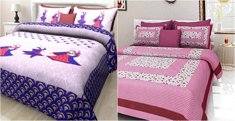 JAIPUR PRINTS 251 TC Cotton Double 3D Printed Flat Bedsheet  (Pack of 2, Multicolor)