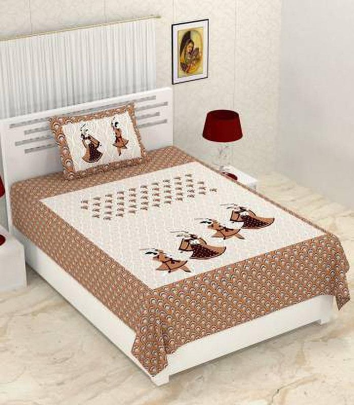 WAR TRADE 151 TC Cotton Single Jaipuri Prints Flat Bedsheet  (Pack of 1, Brown)