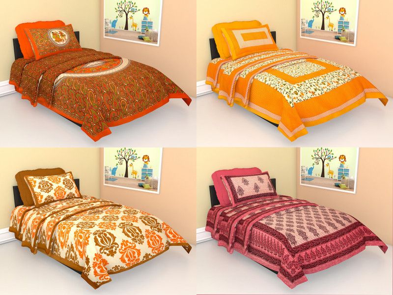 TANIKA - Belives in best quality 150 TC Cotton Single Printed Flat Bedsheet  (Pack of 4, Orange, Yellow, Brown, Pink)